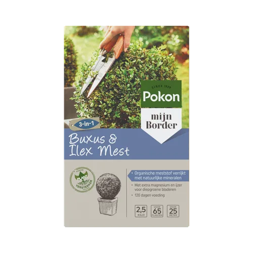 Zak Pokon-buxusmest (object) toont een hand die met een snoeischaar een bolvormige buxus bijwerkt (actie) tegen een zonnige, groene tuinachtergrond (context).
Getranscribeerde tekst:
SINCE 1929
Pokon
mijn Border
3-in-1
Buxus & Ilex Mest
POKON PLANT VERST