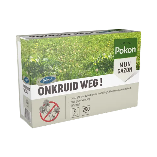 Verpakking voor onkruidmiddel (object) toont productnaam en gebruiksinformatie (actie) met een foto van groen gras op de achtergrond (context).
Gevonden tekst:
Pokon
SINCE 1929
MIJN GAZON
ONKRUID WEG !
2-in-1
Bestrijdt o.a. boterbloem, madeliefje, klaver