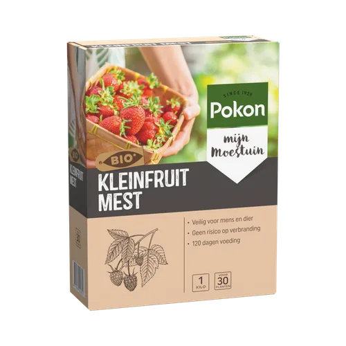Doos "KLEINFRUIT MEST" toont een hand die een mand vol aardbeien vasthoudt, geplaatst tegen een zachte, groene buitenachtergrond.
Gevonden tekst:
- Pokon
- SINCE 1929
- mijn moestuin
- BIO*
- KLEINFRUIT MEST
- Veilig voor mens en dier
- Geen risico op ve
