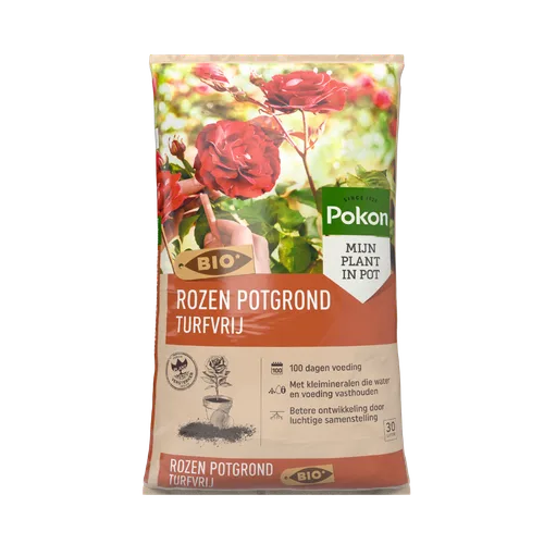 Zak potgrond met foto van grote rode rozen (object), presenteert turfvrije rozenpotgrond voor potten (actie), weergegeven als productfoto tegen een effen achtergrond (context).
Getranscribeerde tekst:
- Pokon
- SINCE 1929
- MIJN PLANT IN POT
- BIO
- ROZE