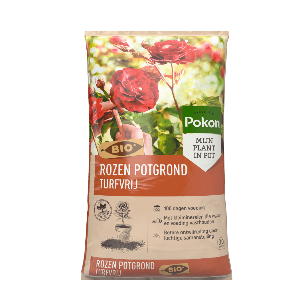 Zak potgrond met foto van grote rode rozen (object), presenteert turfvrije rozenpotgrond voor potten (actie), weergegeven als productfoto tegen een effen achtergrond (context).

Getranscribeerde tekst:
- Pokon
- SINCE 1929
- MIJN PLANT IN POT
- BIO
- ROZE