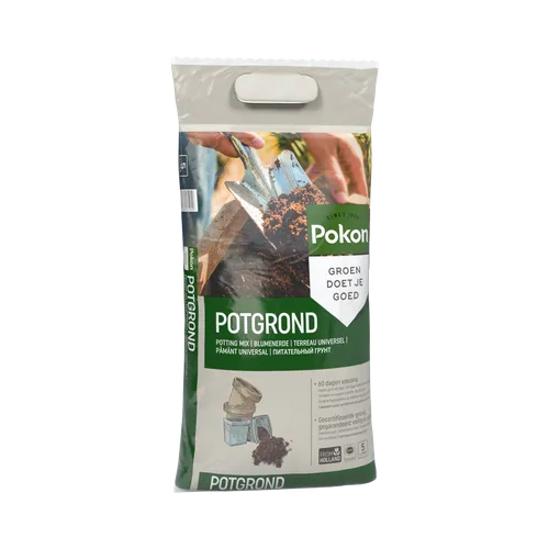 Zak potgrond (merk Pokon) toont een hand met een tuinschep vol aarde op het etiket, rechtopstaand tegen een effen achtergrond.
Gevonden tekst (transcriptie):
SINCE 1929
Pokon
GROEN DOET JE GOED
POTGROND
POTTING MIX | BLUMENERDE | TERREAU UNIVERSEL | PĂMÂ