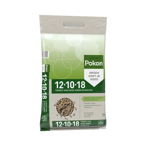 Gevonden tekst:
SINCE 1929
Pokon
GROEN DOET JE GOED
12·10·18
TUINMEST VOOR GAZON, BORDER EN MOESTUIN
Organisch minerale meststof op plantaardige basis
100 dagen voeding
Verbetert bodemstructuur en bodemleven
12% Stikstof (N)
10% Fosfaat (P)
18% Kali (K)
t
