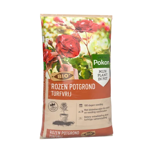 Zak potgrond (object) toont een foto van rode rozen (actie) en presenteert producteigenschappen en gebruiksinformatie op een effen achtergrond (context).
Gevonden tekst:
- Pokon
- SINCE 1929
- MIJN PLANT IN POT
- BIO*
- ROZEN POTGROND TURVRIJ
- 100 dagen