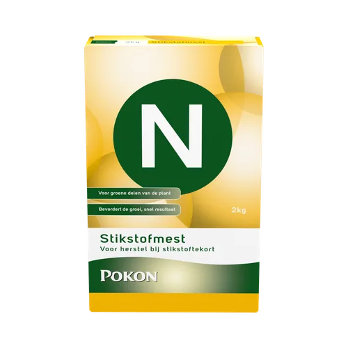 Doos met productetiket: toont een groot groen cirkel met witte "N", productnaam en gebruiksadvies, rechtop geplaatst tegen een effen, lichtgele achtergrond.
Getranscribeerde tekst:
- N
- Voor groene delen van de plant
- Bevordert de groei, snel resultaat