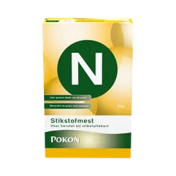 Doos met productetiket: toont een groot groen cirkel met witte "N", productnaam en gebruiksadvies, rechtop geplaatst tegen een effen, lichtgele achtergrond.
Getranscribeerde tekst:
- N
- Voor groene delen van de plant
- Bevordert de groei, snel resultaat