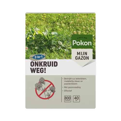 Verpakking van onkruidmiddel toont grasfoto (object), presenteert merk en productgegevens (actie) tegen een effen achtergrond (context).
Gevonden tekst (exact):
- SINCE 1929
- Pokon
- MIJN GAZON
- 2-in-1
- ONKRUID WEG!
- Bestrijdt o.a. boterbloem, madeli