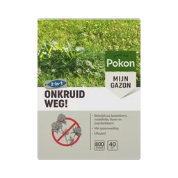 Verpakking van onkruidmiddel toont grasfoto (object), presenteert merk en productgegevens (actie) tegen een effen achtergrond (context).
Gevonden tekst (exact):
- SINCE 1929
- Pokon
- MIJN GAZON
- 2-in-1
- ONKRUID WEG!
- Bestrijdt o.a. boterbloem, madeli