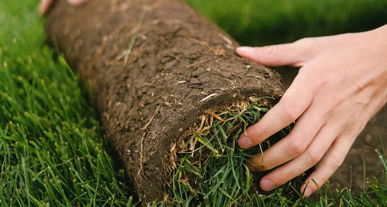 Graszode (rol) wordt met beide handen uitgerold en geplaatst op donkere aarde, aansluitend tegen bestaand groen gras in een tuin of gazon.