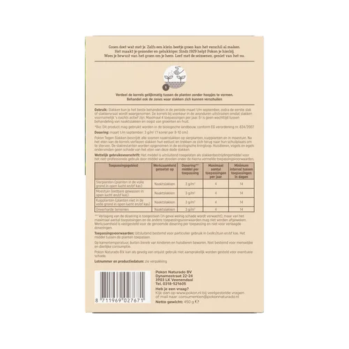 Achterzijde verpakking: productetiket toont instructies, dosering, een tabel en contactgegevens tegen een effen achtergrond.
Transcriptie van alle tekst:
Groen doet wat met je. Zelfs een klein beetje groen kan het verschil al maken.
Het maakt je gezonder
