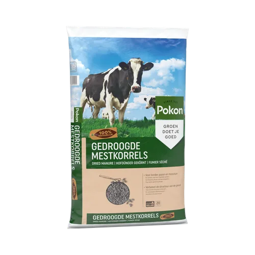 Verpakking gedroogde mestkorrels toont een koe die op groen gras staat onder een blauwe, wolkige lucht.
Gevonden tekst (transcriptie):
- Pokon (SINCE 1929)
- GROEN DOET JE GOED
- 100% NATUURLIJK
- GEDROOGDE MESTKORRELS
- DRIED MANURE | HOF DÜNGER GEKÖRNT