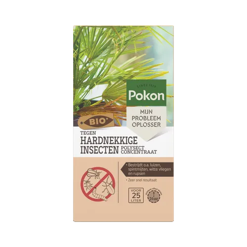 SINCE 1929
Pokon
MIJN PROBLEEM OPLOSSER
BIO*
TEGEN
HARDNEKKIGE INSECTEN
POLYSECT CONCENTRAAT
Bestrijdt o.a. luizen, spintmijten, witte vliegen en rupsen
Zeer snel resultaat
VOOR 25 LITER
zichtbaar effect binnen 24 uur
Een doos Pokon-insectenmiddel (objec