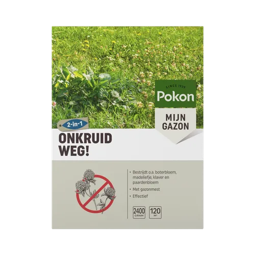 Verpakking van een Pokon-product gericht op gazon: toont gras met onkruid. Teksttranscriptie: "Pokon" (SINCE 1929), "MIJN GAZON", "2-in-1", "ONKRUID WEG!", "Bestrijdt o.a. boterbloem, madeliefje, klaver en paardenbloem", "Met gazonmest", "Effectief", "240
