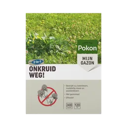Verpakking van een Pokon-product gericht op gazon: toont gras met onkruid. Teksttranscriptie: "Pokon" (SINCE 1929), "MIJN GAZON", "2-in-1", "ONKRUID WEG!", "Bestrijdt o.a. boterbloem, madeliefje, klaver en paardenbloem", "Met gazonmest", "Effectief", "240