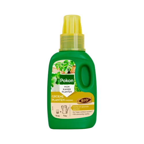 Groene plastic fles plantvoeding staat rechtop met gele doseerdop, gefotografeerd tegen een effen achtergrond.
Getranscribeerde tekst:
SINCE 1929
Pokon
MIJN KAMER PLANTEN
GROENE PLANTEN VOEDING
BIO+
¼ dop + 1 liter
Sterke en gezonde planten
- Na 7 dagen