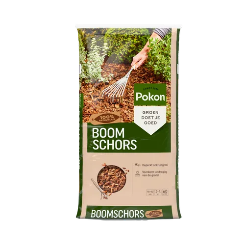 Een zak boomschors: een hand rakt bruine schors rond planten met een hark, in een tuinborder omgeven door groen.
Tekst in beeld:
- SINCE 1929
- Pokon
- GROEN DOET JE GOED
- 100% NATUURLIJK
- BOOM SCHORS
- Beperkt onkruidgroei
- Voorkomt uitdroging van de