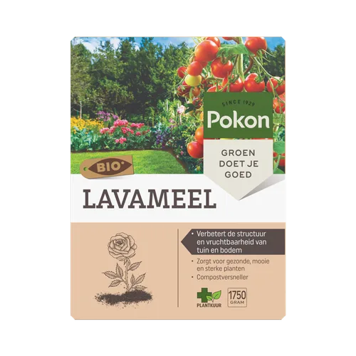 Pak lavameel — toont merknaam, productnaam en voordelen — tegen een kleurrijke tuinachtergrond met tomaten en bloemen.
Tekst in afbeelding:
SINCE 1929
Pokon
GROEN DOET JE GOED
BIO*
LAVAMEEL
• Verbetert de structuur en vruchtbaarheid van tuin en bodem
• Z