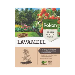 Pak lavameel — toont merknaam, productnaam en voordelen — tegen een kleurrijke tuinachtergrond met tomaten en bloemen.
Tekst in afbeelding:
SINCE 1929
Pokon
GROEN DOET JE GOED
BIO*
LAVAMEEL
• Verbetert de structuur en vruchtbaarheid van tuin en bodem
• Z
