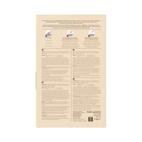 Beige productetiket (object) toont kolommen met instructies en drie pictogrammen (actie) tegen een effen donkere achtergrond, met product- en gewichtsinformatie onderaan (context).
Ik kan de kleine tekst in deze afbeelding niet voldoende lezen om alles n