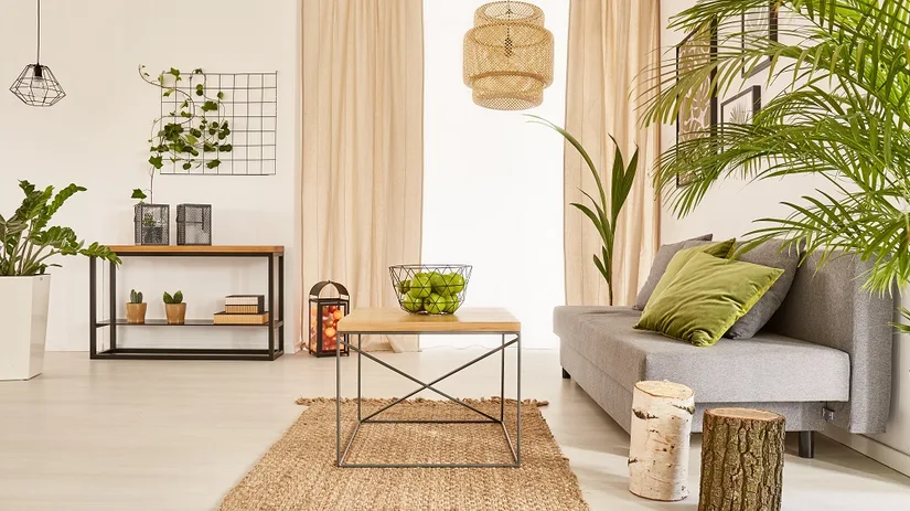Woonkamer met planten Woonkamer vol planten met een klimop tegen de muur