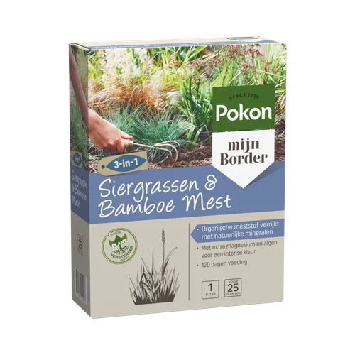 Doos Pokon mest: foto van een hand die met een drietandhark grond losmaakt, geplaatst in een border met siergrassen en groen blad.
Gevonden tekst (transcriptie):
- SINCE 1929
- Pokon
- mijn Border
- 3-in-1
- Siergrassen & Bamboe Mest
- POKON PLANT VERST