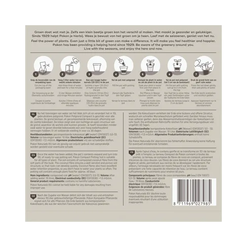 Verpakkingsetiket — toont stapsgewijze potgrondinstructies met pictogrammen en meertalige productinformatie (NL/EN/DE/FR) en een barcode, geplaatst op een lichtgekleurde achtergrond.
Volledige teksttranscriptie:
Groen doet wat met je. Zelfs een klein be