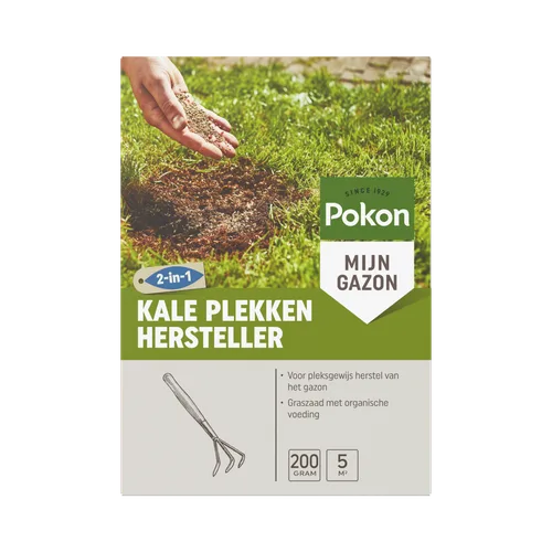 Verpakking van graszaad: een hand strooit zaad in een kale plek in het gazon, omringd door groen gras en aarde.
Gevonden tekst:
SINCE 1929
Pokon
MIJN GAZON
2-in-1
KALE PLEKKEN HERSTELLER
Voor pleksgewijs herstel van het gazon
Graszaad met organische voed