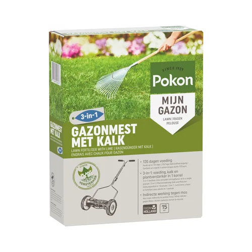Gazonmestdoos (object) toont een hark die over gras wordt geveegd (actie) voor een bloemperk-achtergrond, productnaam en gebruiksinformatie zichtbaar op de voorkant (context).
Transcribeerde tekst:
SINCE 1929
Pokon
MIJN GAZON
LAWN | RASEN | PELOUSE
3-in-