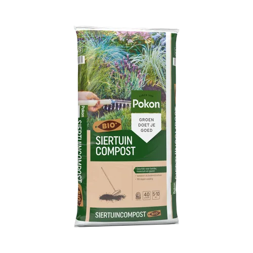 Siertuincompostzak toont merk- en productinformatie op verpakking, met tuinbeeld op achtergrond en gebruiksaanwijzing en inhoudsgegevens onderaan.
Tekst in afbeelding:
- Pokon
- Since 1929
- BIO
- GROEN DOET JE GOED
- SIERTUIN COMPOST
- Geschikt voor bor