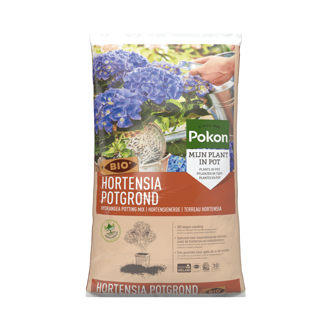 Zak hortensiapotgrond: een staande zak met foto van blauwe hortensia's, merketiket en productinformatie, bedoeld als potgrond voor potplanten en zuurminnende soorten, op effen achtergrond.

Gevonden tekst:
Pokon
SINCE 1929
MIJN PLANT IN POT
PLANTS IN POT 