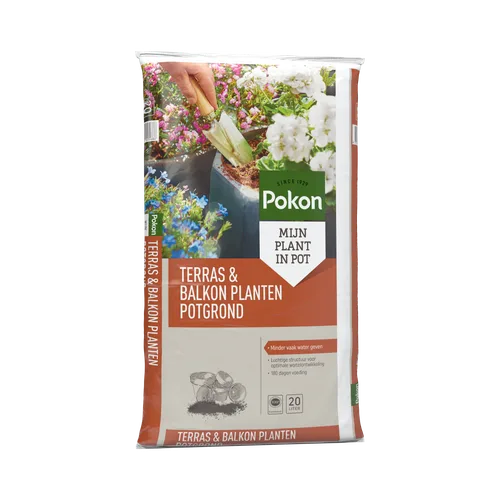 Een zak potgrond toont een hand met een schepje in aarde, omringd door bloeiende planten op een terras/balkon.
Gevonden tekst:
SINCE 1929
Pokon
MIJN PLANT IN POT
TERRAS & BALKON PLANTEN POTGROND
TERRAS & BALKON PLANTEN (zijkant en onder)
Pokon (zijkant)