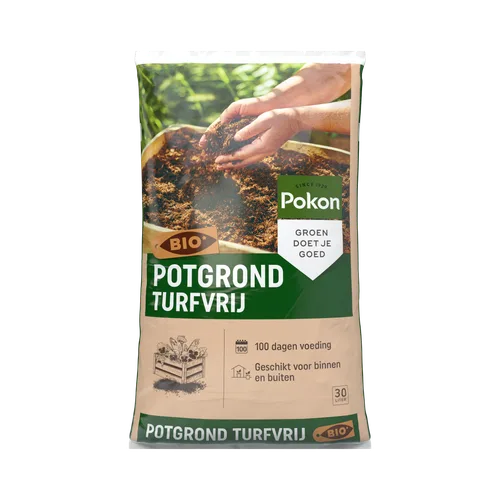 Een zak potgrond (turfvrij) toont handen die losse aarde vasthouden boven een bak, tegen een groene tuinnachtgrond.
Tekst op de zak: "Pokon", "SINCE 1929", "GROEN DOET JE GOED", "BIO", "POTGROND TURFVRIJ", "100 dagen voeding", "Geschikt voor binnen en bu