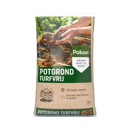 Een zak potgrond (turfvrij) toont handen die losse aarde vasthouden boven een bak, tegen een groene tuinnachtgrond.
Tekst op de zak: "Pokon", "SINCE 1929", "GROEN DOET JE GOED", "BIO", "POTGROND TURFVRIJ", "100 dagen voeding", "Geschikt voor binnen en bu