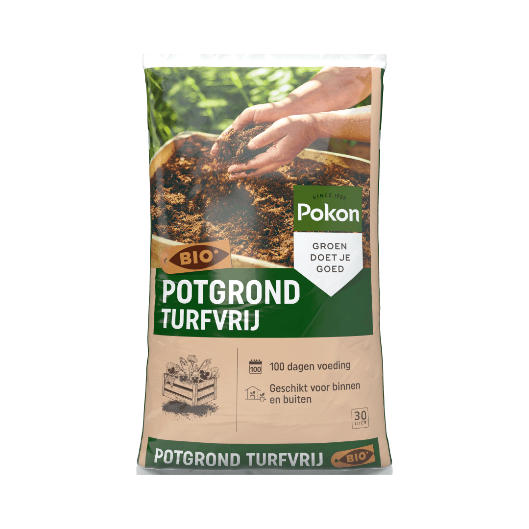 Een zak potgrond (turfvrij) toont handen die losse aarde vasthouden boven een bak, tegen een groene tuinnachtgrond.

Tekst op de zak: "Pokon", "SINCE 1929", "GROEN DOET JE GOED", "BIO", "POTGROND TURFVRIJ", "100 dagen voeding", "Geschikt voor binnen en bu
