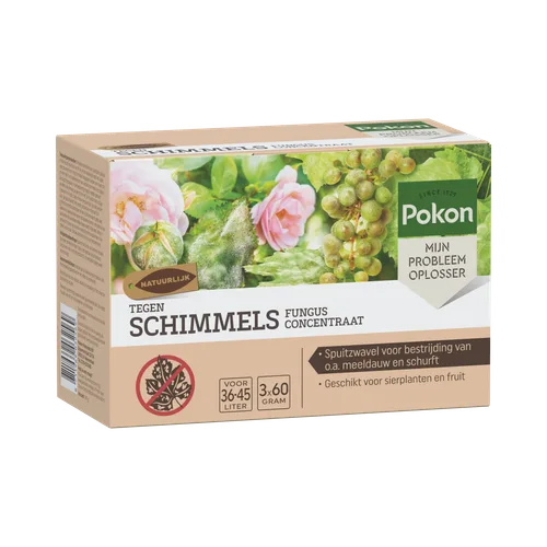 Doos met Pokon schimmelconcentraat: verpakking toont bloemen en fruit, benadrukt schimmelbestrijding voor sierplanten en fruit in een tuin- of kweekomgeving.
Transcribeerde tekst:
SINCE 1929
Pokon
MIJN PROBLEEM OPLOSSER
NATUURLIJK
TEGEN SCHIMMELS
FUNGUS