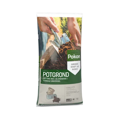 Zak potgrond toont een hand die met een tuinschep aarde schept in een houten bak, vage groene tuinachtergrond.
Gevonden tekst:
Pokon
SINCE 1929
GROEN DOET JE GOED
POTGROND
POTTING MIX | BLUMENERDE | TERREAU UNIVERSEL
60 dagen voeding
Gecertificeerde gron