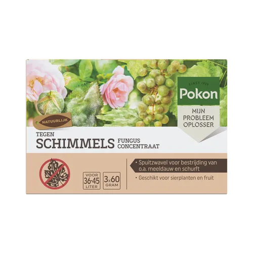 Doos Pokon fungusconcentraat — toont merk en gebruiksinformatie op kleurrijk bloemen- en druivenbeeld, bedoeld als schimmelbestrijder voor sier- en fruitplanten, gefotografeerd op effen achtergrond.
Gevonden tekst:
SINCE 1929
Pokon
MIJN PROBLEEM OPLOSSER