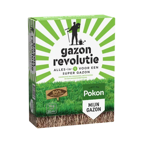 Doos gazonproducten toont "gazon revolutie" op groene zonnestraalachtergrond, met gras- en wortellaag onderaan, promotielabels en het Pokon-logo prominent afgebeeld.
Transcribering van alle tekst in beeld:
- gazon revolutie
- ALLES-in-1 VOOR EEN SUPER GA