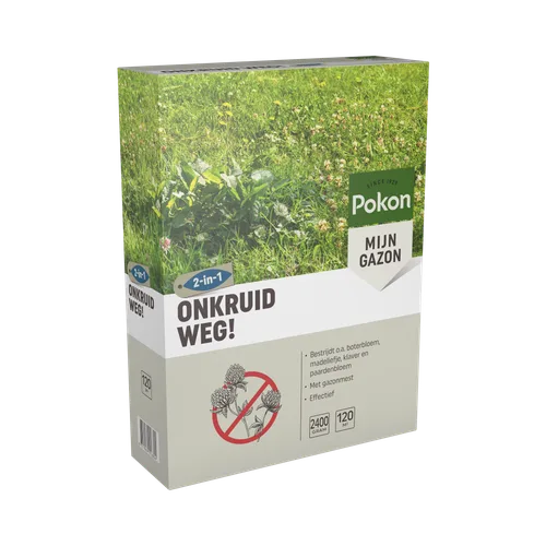 Doos met onkruidmiddel (object) toont merk en gebruiksbelofte (actie) tegen een achtergrond van groen gras en klaver (context).
Gevonden tekst:
- SINCE 1929
- Pokon
- MIJN GAZON
- 2-in-1
- ONKRUID WEG!
- ONKRUID WEG! (zijpaneel)
- Bestrijdt o.a. boterblo