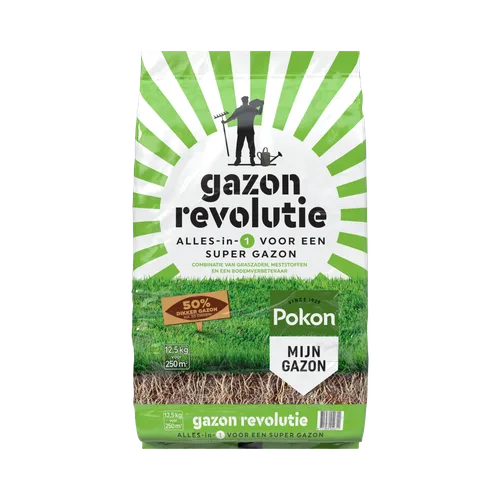 Grote zak gazonzaad staat rechtop (object), toont verpakkingsteksten en logo (actie) tegen een effen turquoise achtergrond met grasillustratie (context).
Gevonden tekst:
gazon revolutie
ALLES-in-1 VOOR EEN SUPER GAZON
COMBINATIE VAN GRASZADEN, MESTSTOFFE