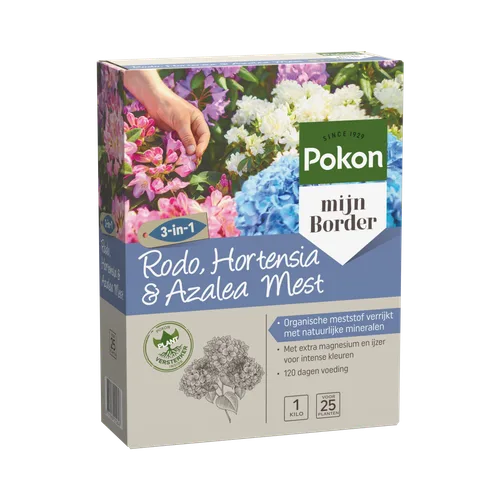 Productverpakking (kartonnen doos) van mest voor sierstruiken, hand die bloemen aanraakt, kleurrijke hortensia- en rhododendronfoto's op voorgrond, informatieve labels en pictogrammen op ondergrond.
Gevonden tekst:
- SINCE 1929
- Pokon
- mijn Border
- 3-