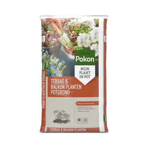 Grote zak potgrond met een schep die aarde in een bloempot giet, omringd door bloeiende terras- en balkonplanten.
Transcribering van alle zichtbare tekst:
Pokon
SINCE 1929
MIJN PLANT IN POT
TERRAS & BALKON PLANTEN POTGROND
Minder vaak water geven
Luchtig