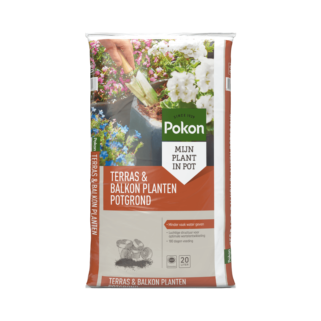 Grote zak potgrond met een schep die aarde in een bloempot giet, omringd door bloeiende terras- en balkonplanten.

Transcribering van alle zichtbare tekst:
Pokon
SINCE 1929
MIJN PLANT IN POT
TERRAS & BALKON PLANTEN POTGROND
Minder vaak water geven
Luchtig
