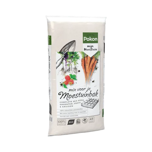 Een zak tuinaarde staat rechtop en toont illustraties van wortelen, aardbeien en jonge plantjes tegen een effen achtergrond.
Getranscribeerde tekst:
Pokon
SINCE 1929
mijn moestuin
mix voor je Moestuinbak
COMPLETE MIX VOOR GROENTEN, FRUIT & KRUIDEN
100% n