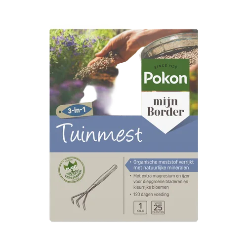 Doos tuintmest — afbeelding van een hand die korrelmest strooit bij bloeiende planten in een border.
Gevonden tekst:
SINCE 1929
Pokon
mijn Border
3-in-1
Tuinmest
POKON (kringlogo) PLANT VERSTERKER INSIDE
Organische meststof verrijkt met natuurlijke miner