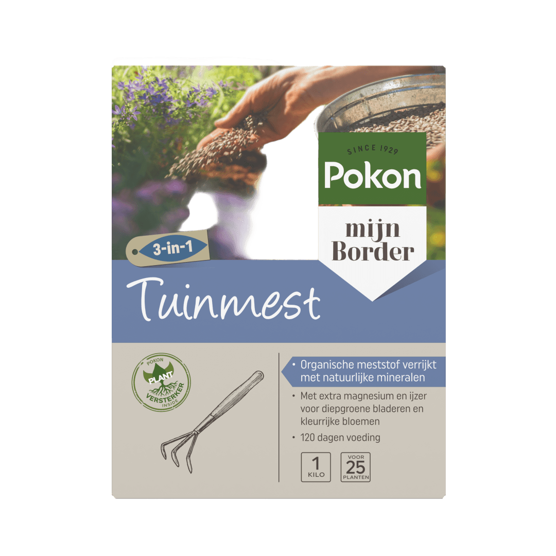 Doos tuintmest — afbeelding van een hand die korrelmest strooit bij bloeiende planten in een border.

Gevonden tekst:
SINCE 1929
Pokon
mijn Border
3-in-1
Tuinmest
POKON (kringlogo) PLANT VERSTERKER INSIDE
Organische meststof verrijkt met natuurlijke miner