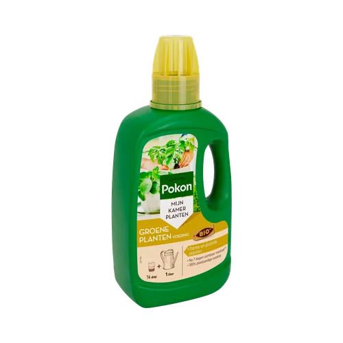 Groene kunststoffles met handgreep en gele doseerdop, staat rechtop als vloeibare kamerplantenvoeding tegen een neutrale achtergrond.
Tekst op etiket:
SINCE 1929
Pokon
MIJN KAMER PLANTEN
GROENE PLANTEN VOEDING
BIO
Sterke en gezonde planten
Na 7 dagen zic