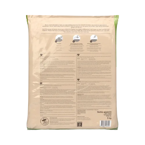 Een lichtbeige plastic zak met potgrond (achterzijde) die instructies, pictogrammen en productinformatie toont, gefotografeerd tegen een effen achtergrond.
Gevonden tekst (transcriptie van leesbare delen):
- Groen doet wat met je. Zelfs een klein beetje