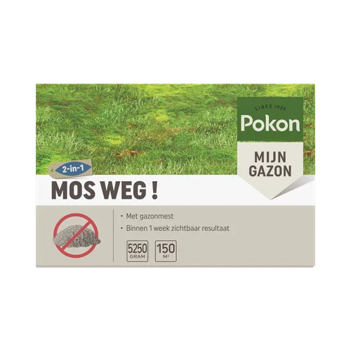 Kartonnen verpakking (object) toont merk- en productnaam en gebruiksinstructies (action) tegen een grasachtergrond, bedoeld om mos uit gazons te verwijderen (context).
Getranscribeerde tekst:
2-in-1
SINCE 1929
Pokon
MIJN GAZON
MOS WEG !
Met gazonmest
Bin