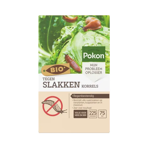 Tekst in beeld:
SINCE 1929
Pokon
MIJN PROBLEEM OPLOSSER
BIO*
TEGEN
SLAKKEN KORRELS
Regenbestendig
Bestrijdt alle naaktslakken op sierplanten, kuipplanten en in moestuin
Zeer snel resultaat
VEILIG VOOR MENS EN DIER
225 GRAM
75 M²
Koolblad — wordt bekropen